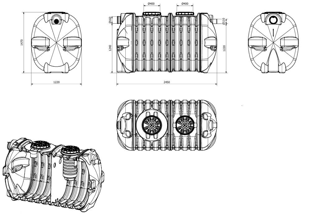 dvokomorne biološke greznice z biofiltrom OG EKOBIN skica 3000L